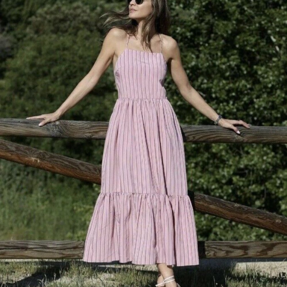 Zara Striped Strappy Maxi Poplin Dress-SMALL